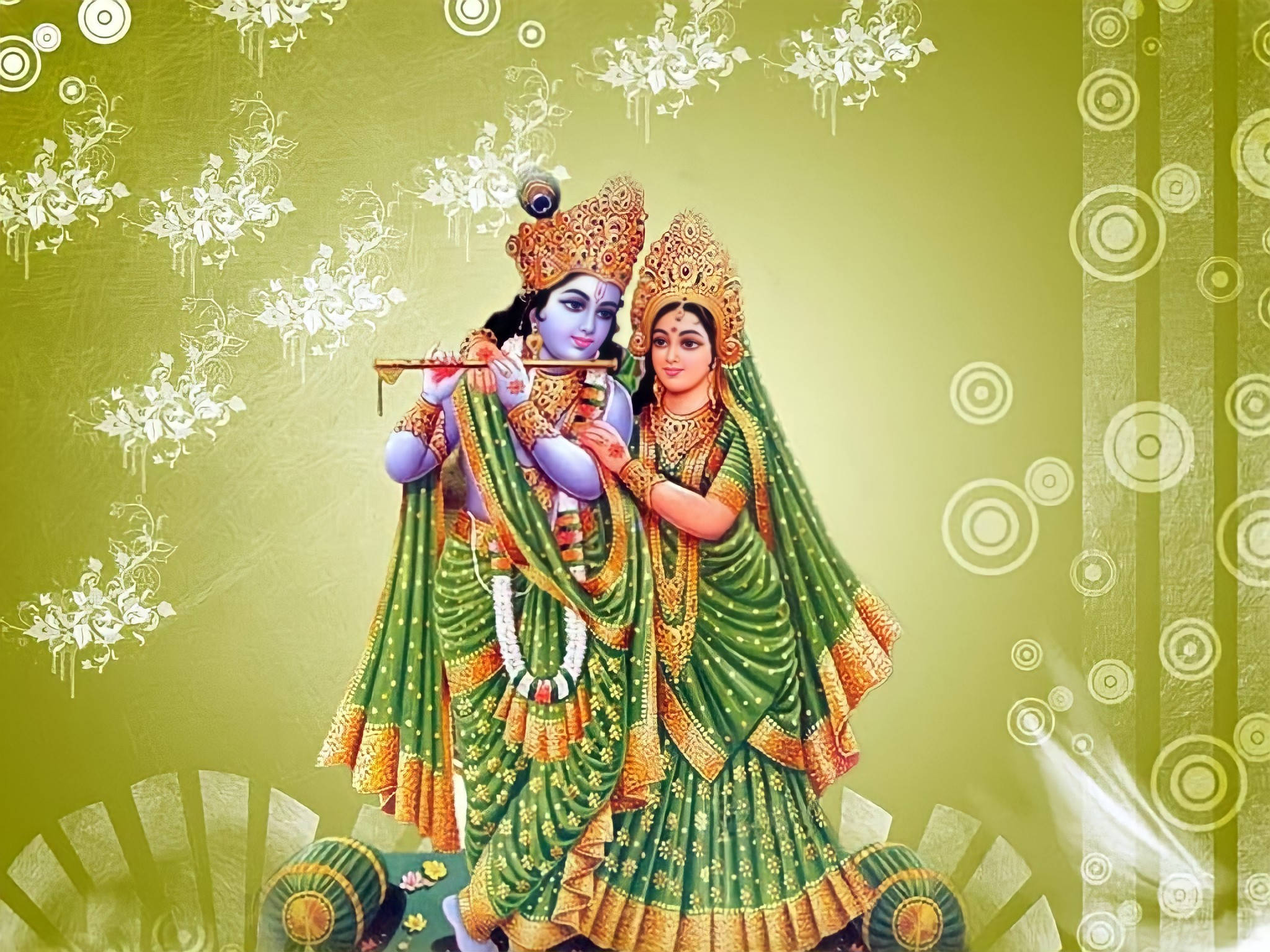 krishna 3d 桌布 壁紙 — 神聖人物克里希納和拉達身著華麗的綠色和金色服飾，在圖案化的橄欖綠背景前分享溫柔時刻。
