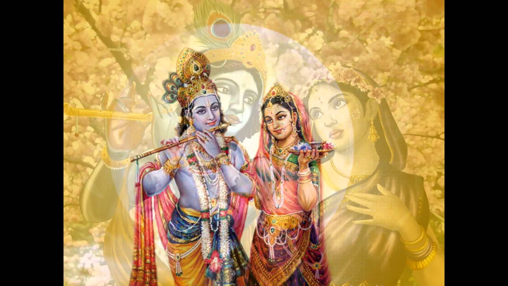 krishna ji 桌布 壁紙 — 神聖人物克里希納和拉達身著鮮豔的傳統服飾，在金黃花朵和空靈的精神意象中吹奏長笛。