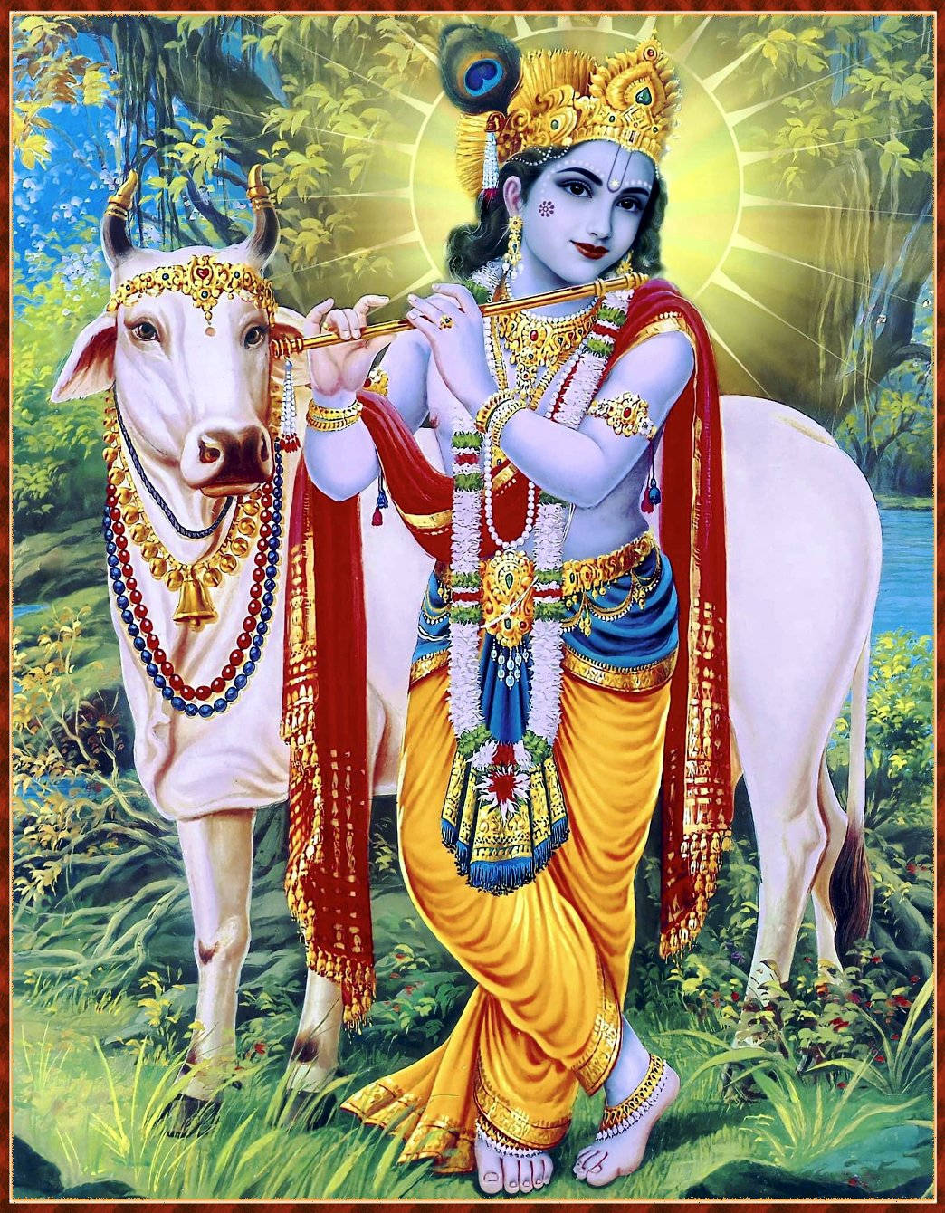 krishna 3d 桌布 壁紙 — 神聖人物克里希納戴著金色皇冠和黃色多蒂，在茂密的綠色森林中，在裝飾的白牛旁邊吹奏長笛。