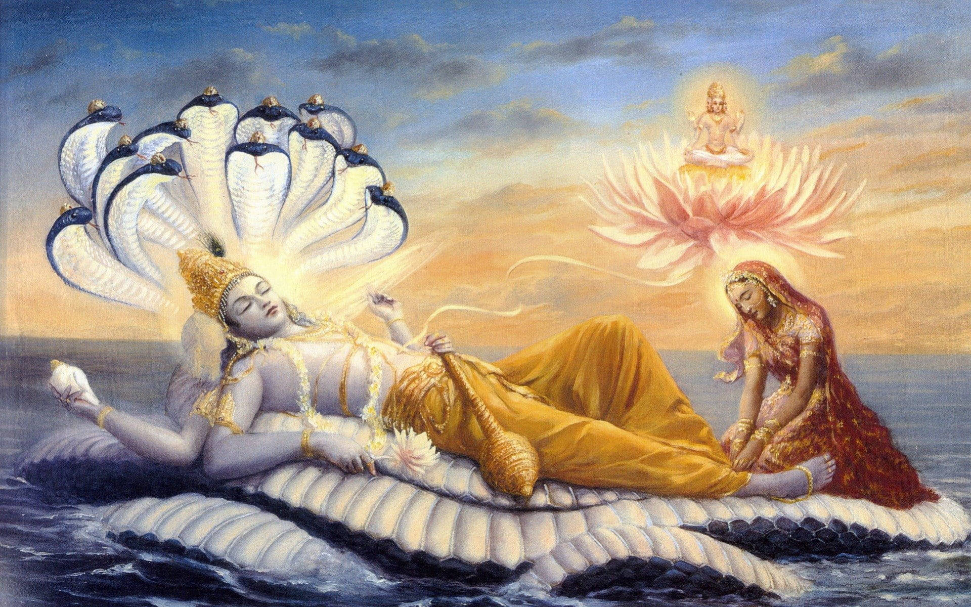 藝術 桌布 壁紙 — 神聖人物在海洋水域中安詳地躺在一條多頭蛇上，一位女神跪在他旁邊，一位神靈坐在上方發光的蓮花上。