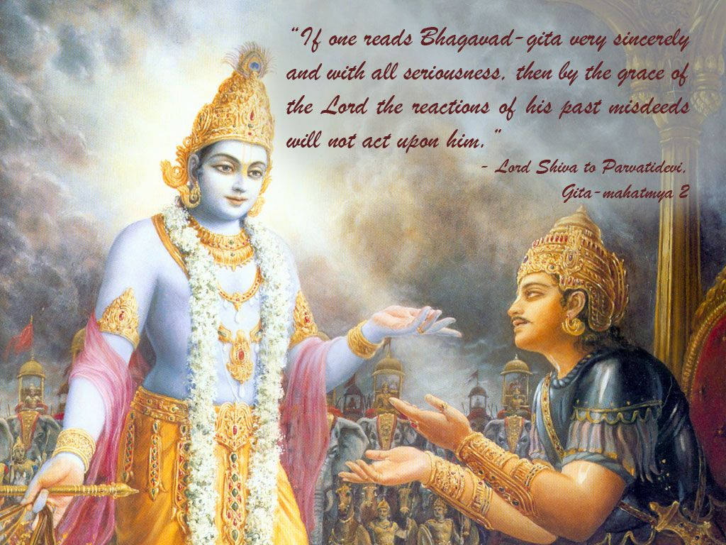 Bhagavad Gita 桌布 壁紙 — 神聖人物身著華麗金色服飾，在暴風雨的天空下交談，並疊加有《薄伽梵歌》的引文。