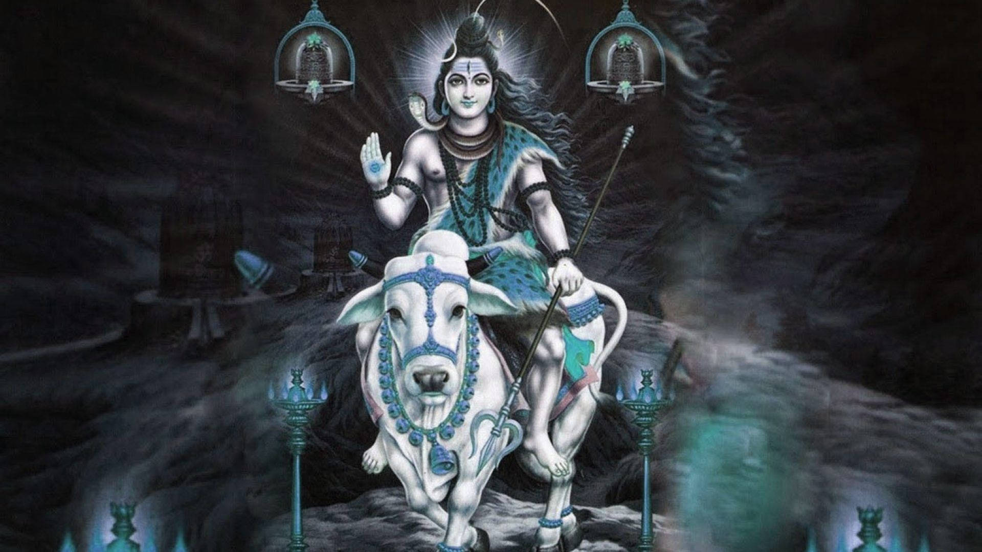 shiv shankar 桌布 壁紙 — 神聖人物騎著裝飾華麗的公牛，穿過由發光藍色燈籠照亮的神秘洞穴。