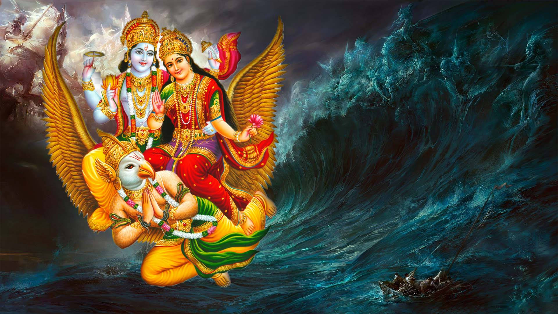 Vishnu 桌布 壁紙 — 神聖人物騎著金色雄鷹穿越暴風雨的海浪，下方有一艘小船。