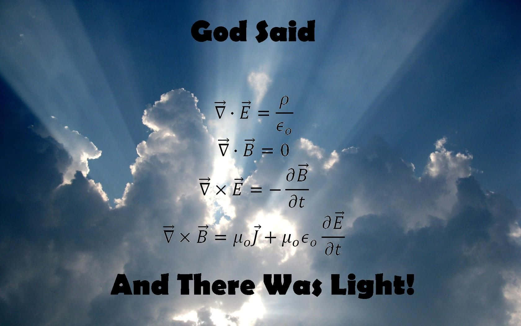 Physics 桌布 壁紙 — 神聖光線穿透戲劇性的雲層，馬克士威方程組以粗體字出現，宣告『神說：要有光！』