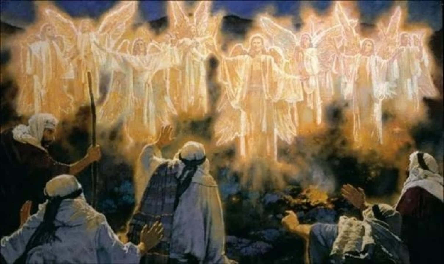 Angels Of God 桌布 壁紙 — 神聖場景，光輝天使與耶穌在金色光芒中降臨，地上人物敬畏跪拜。