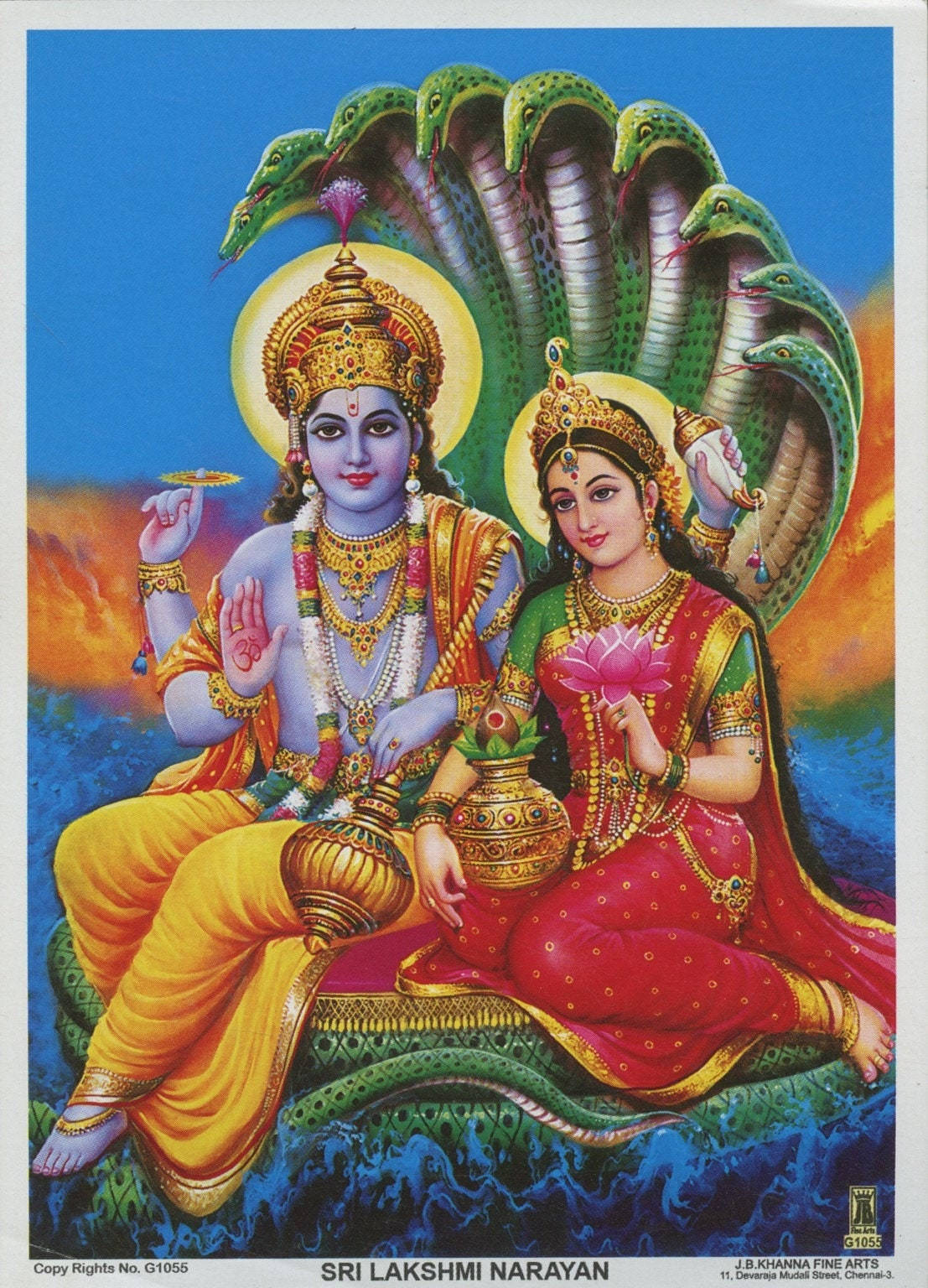 hindu iPhone 桌布 壁紙 — 神聖夫婦斯里拉克什米納拉揚在火熱的天空下，優雅地坐在多頭蛇罩下。