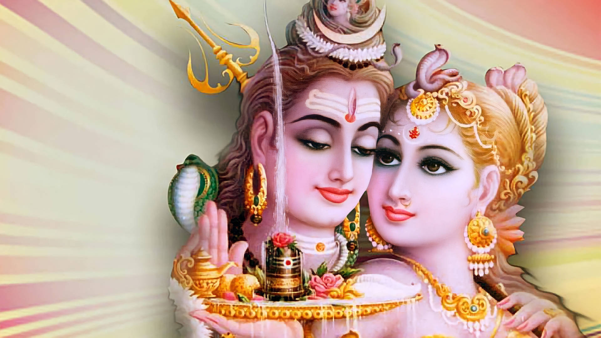 shiv parvati HD 桌布 壁紙 — 神聖夫婦濕婆與帕爾瓦蒂佩戴金色珠寶，在燦爛的粉彩光芒中手持神聖供品。