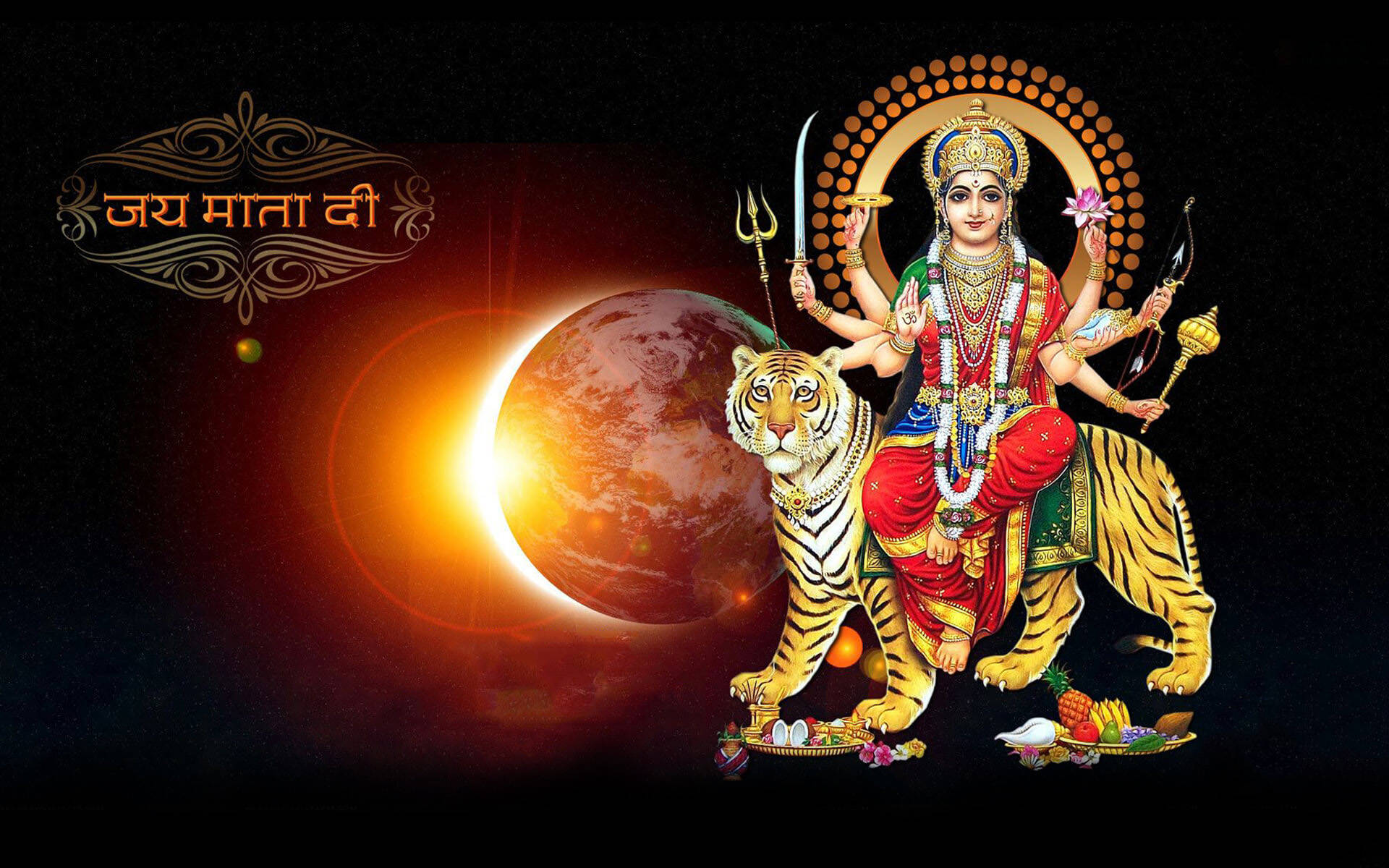 Indian 桌布 壁紙 — 神聖女神杜爾迦騎著金色老虎，背景是宇宙，有發光的行星和光芒四射的光環。