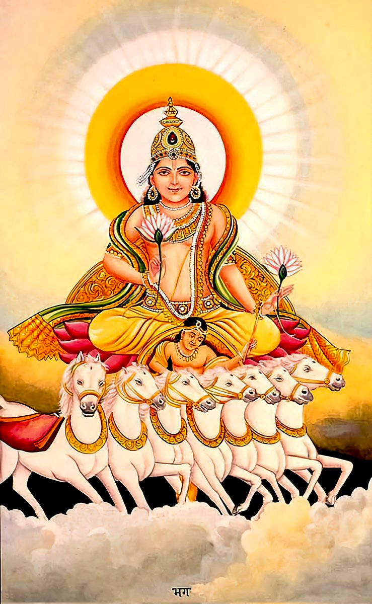 hindu iPhone 桌布 壁紙 — 神聖女神駕著由七匹白馬拉動的戰車，背景是光芒四射的金色光環天空。