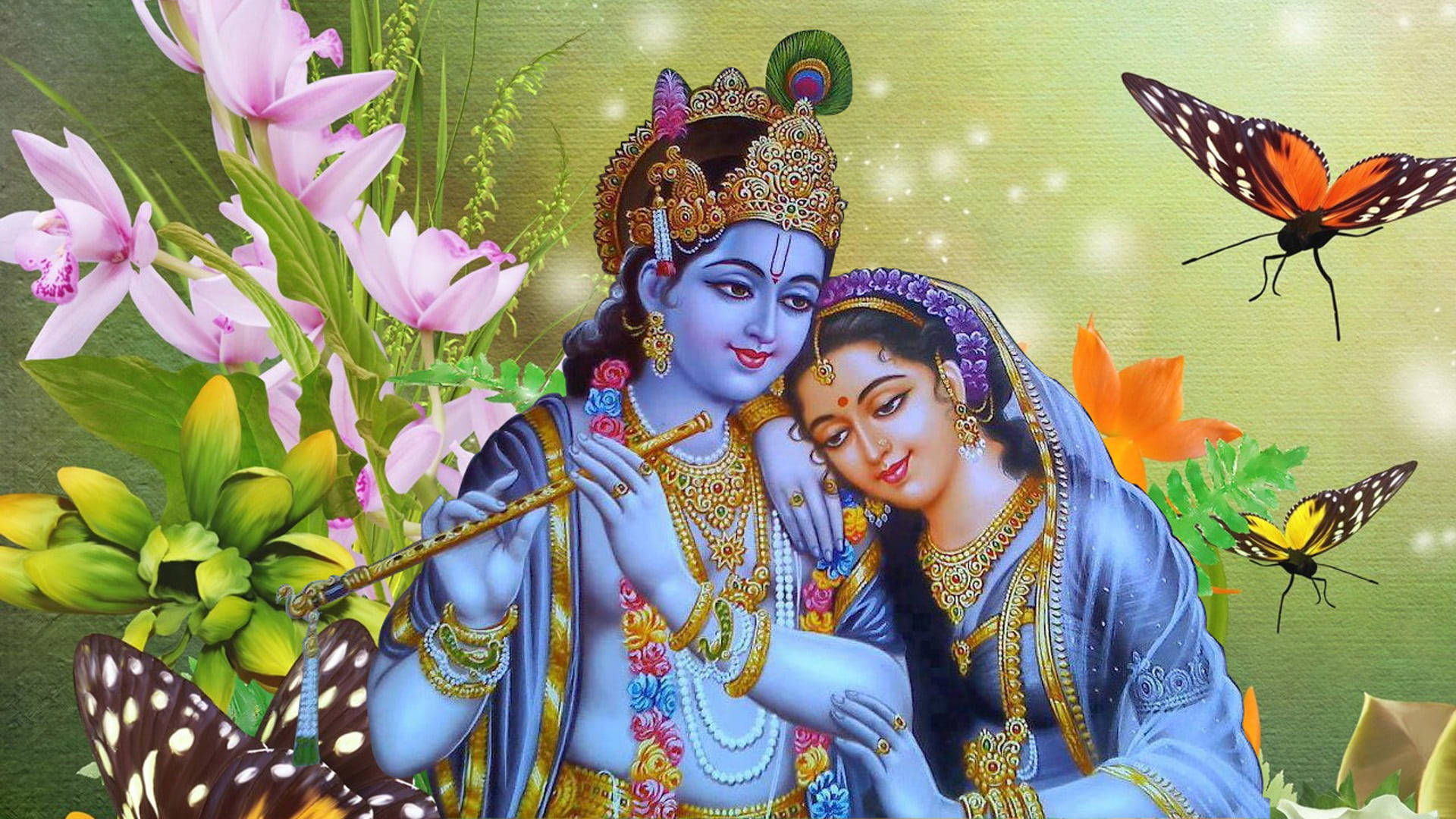 krishna 3d 桌布 壁紙 — 神聖情侶克里希納和拉妲在閃爍天空下，於鮮花和蝴蝶飛舞中擁抱。