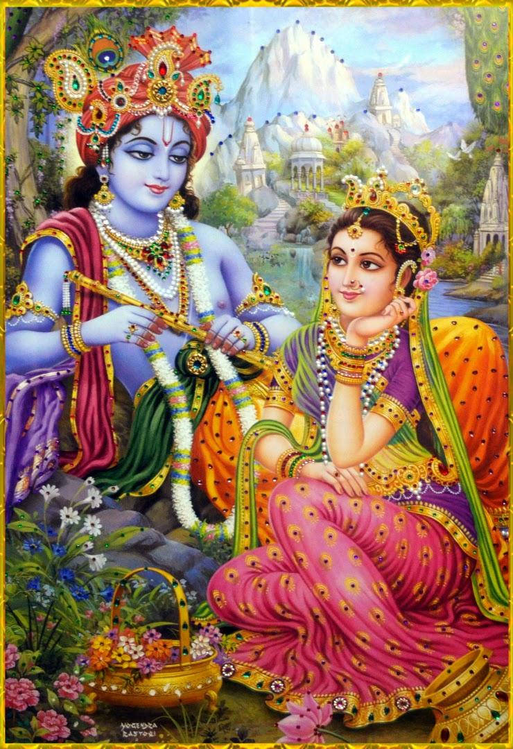 krishna iPhone 桌布 壁紙 — 神聖情侶克里希納和拉妲坐在一個茂盛的花園中，花園裡有山脈、寺廟和鮮花，天空明亮。