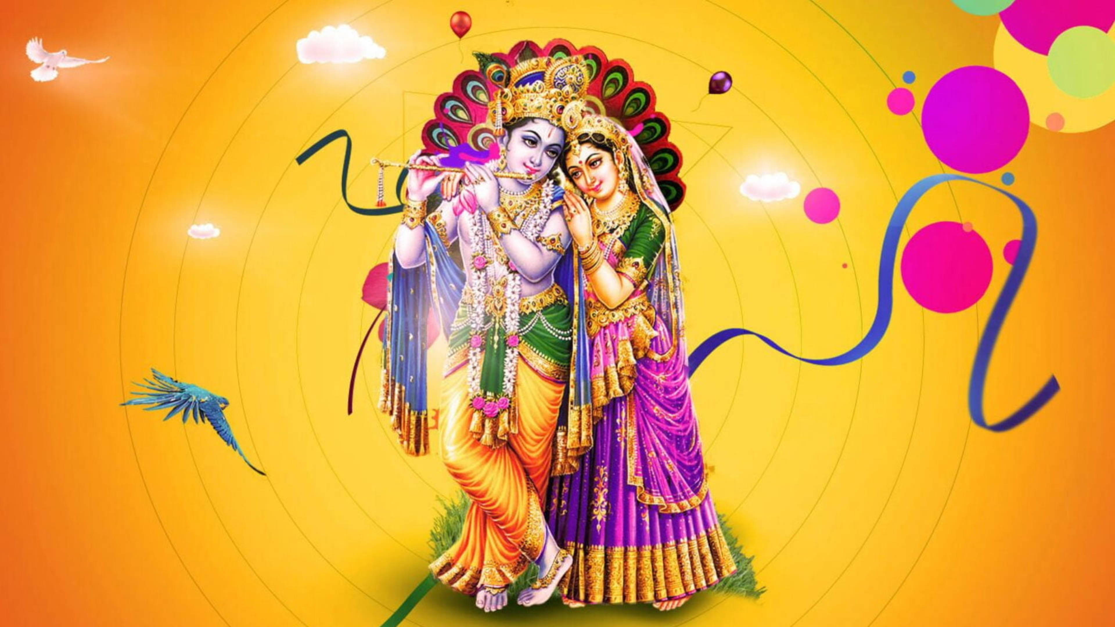 krishna ji 桌布 壁紙 — 神聖情侶克里希納和拉達身著鮮豔傳統服飾，背景是燦爛的黃色，有漂浮的鳥兒和彩色圓圈。