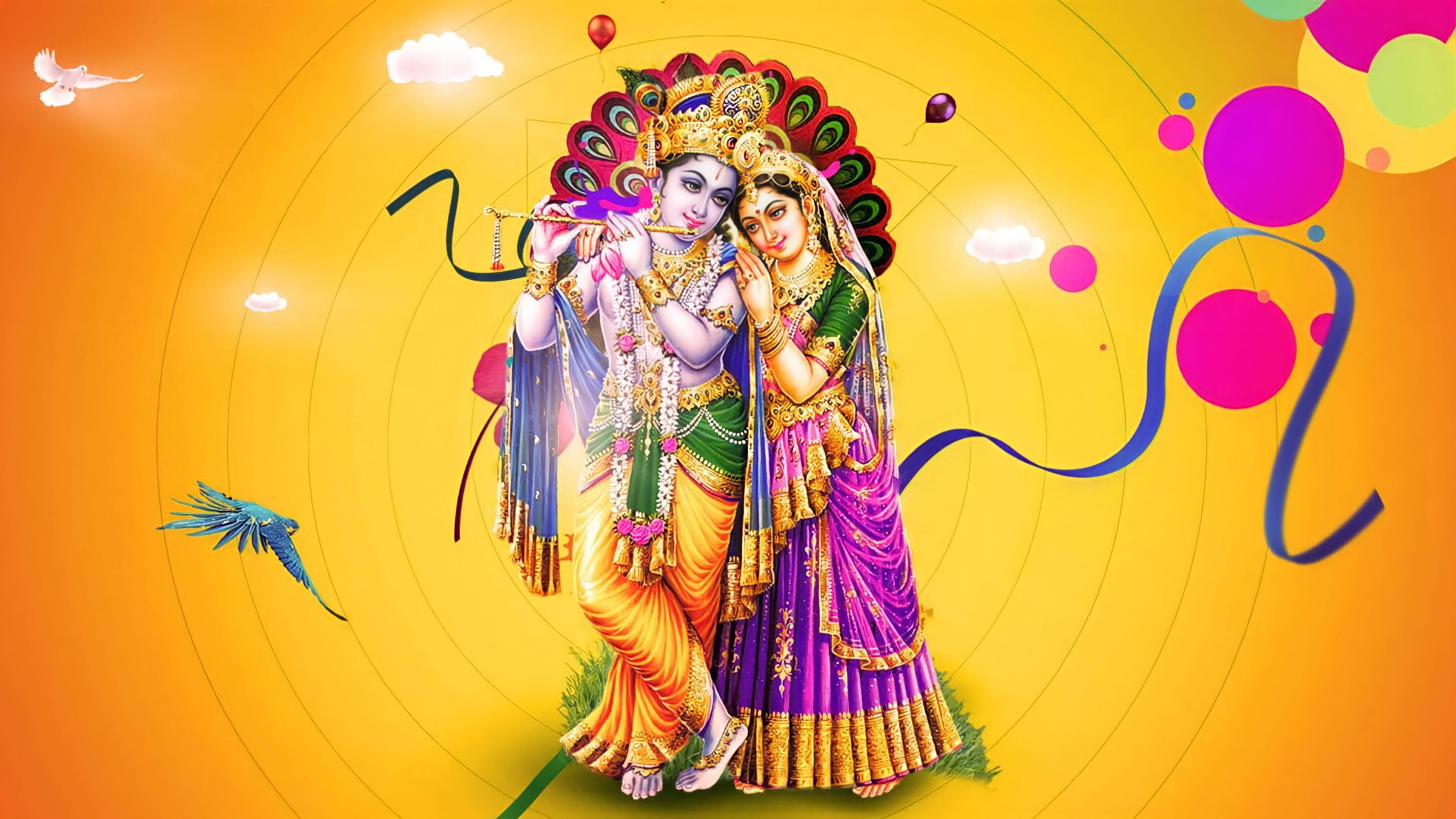 radha krishna 3d 桌布 壁紙 — 神聖情侶克里希納和拉達身著鮮豔傳統服飾，背景是耀眼的黃色，有漂浮的鳥兒和彩色圓圈。