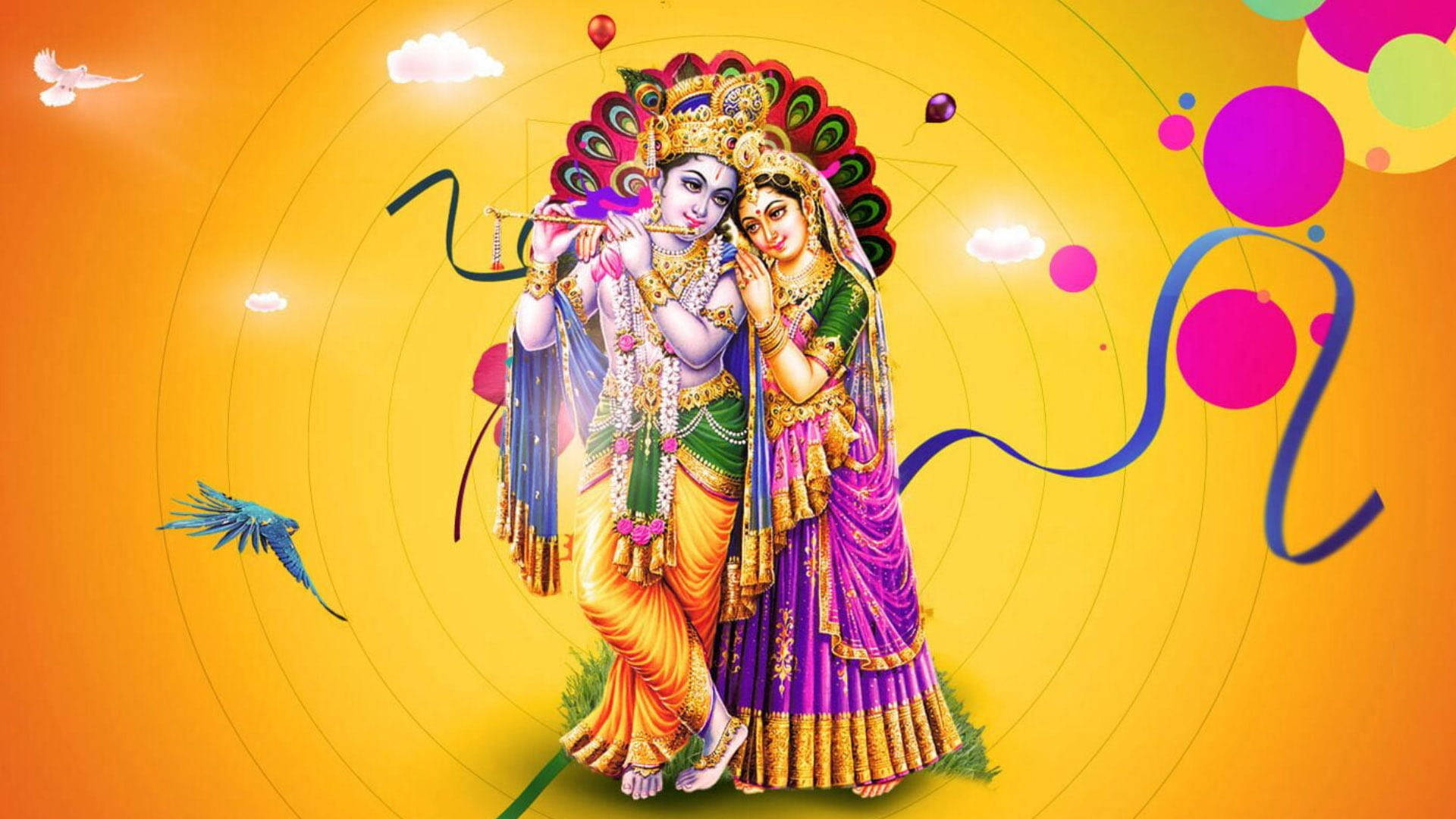 Shri Krishna 桌布 壁紙 — 神聖情侶克里希納和拉達身著鮮豔的傳統服飾，在色彩繽紛的抽象漩渦和漂浮的鳥兒中翩翩起舞，背景是燦爛的黃色。