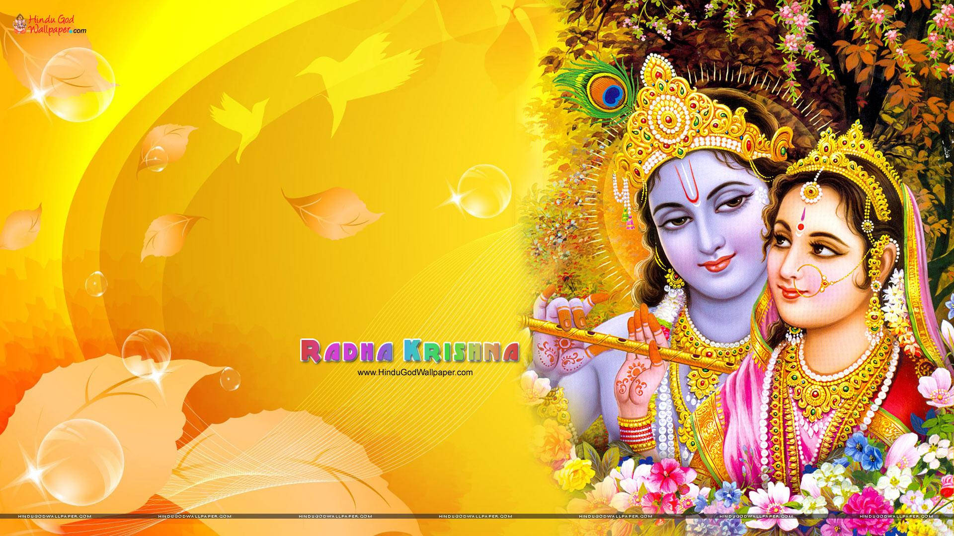krishna 3d 桌布 壁紙 — 神聖情侶拉達和克里希納，佩戴金色皇冠和珠寶，置身於盛開的花朵和旋轉的黃光之中。