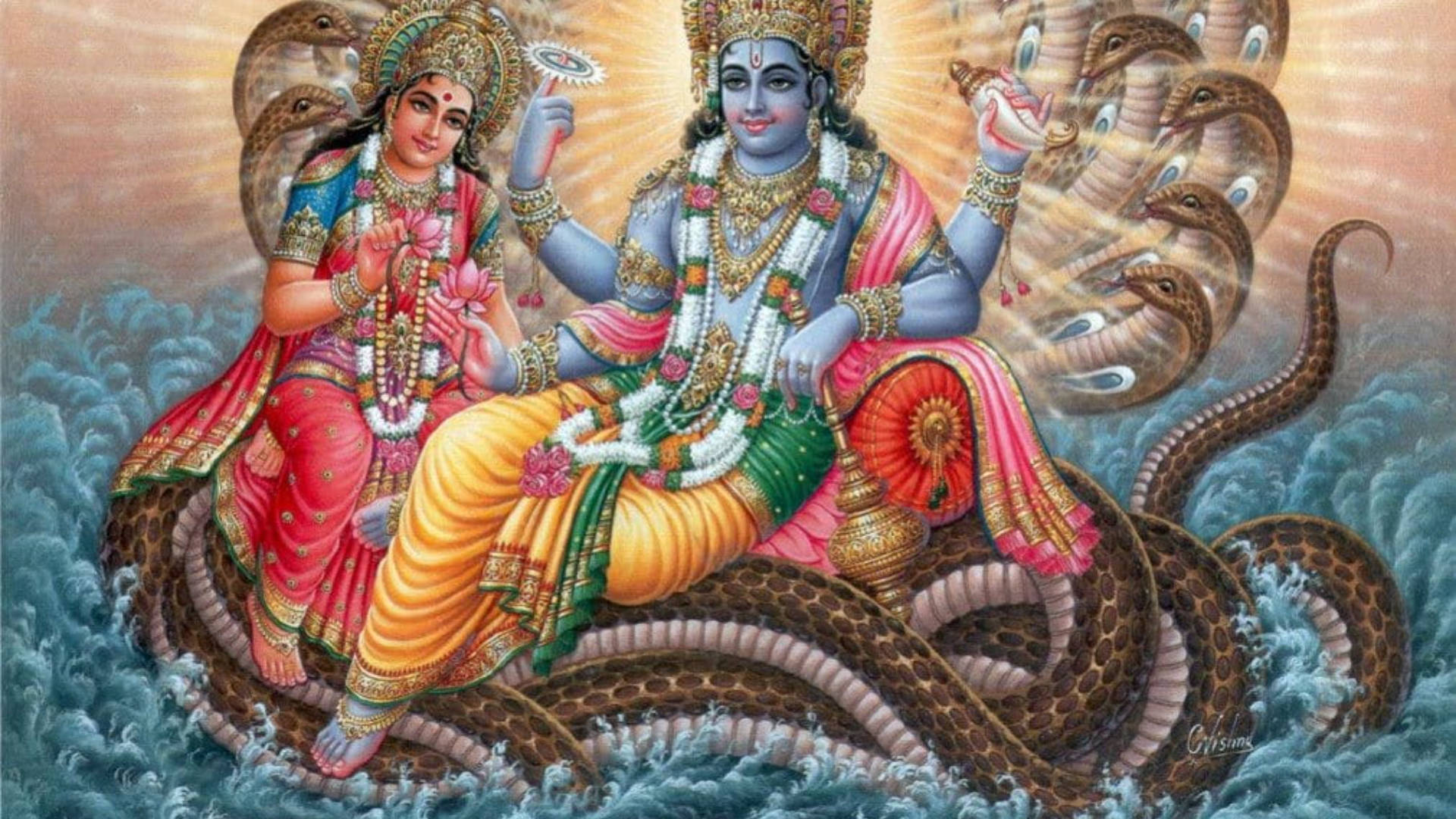 Hindu God 桌布 壁紙 — 神聖情侶騎著多頭蛇穿過翻騰的海浪，沐浴在燦爛的金光下。