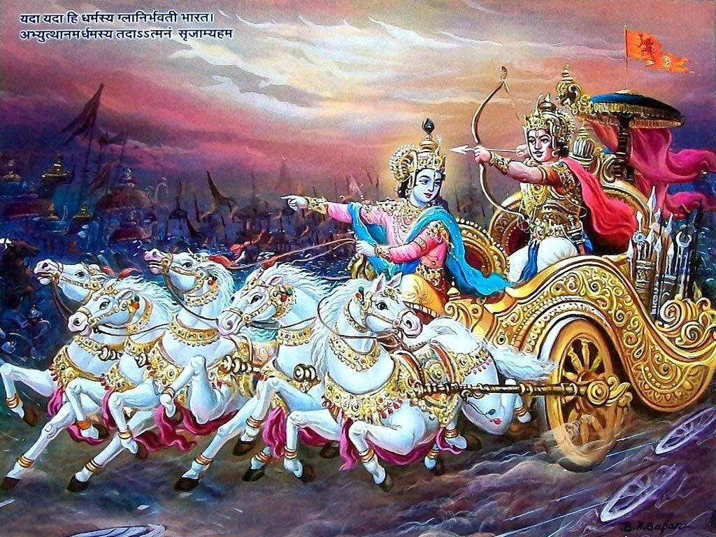 Bhagavad Gita 桌布 壁紙 — 神聖戰士乘坐由四匹白馬拉動的金色戰車，在夕陽下的戰場上奔馳。