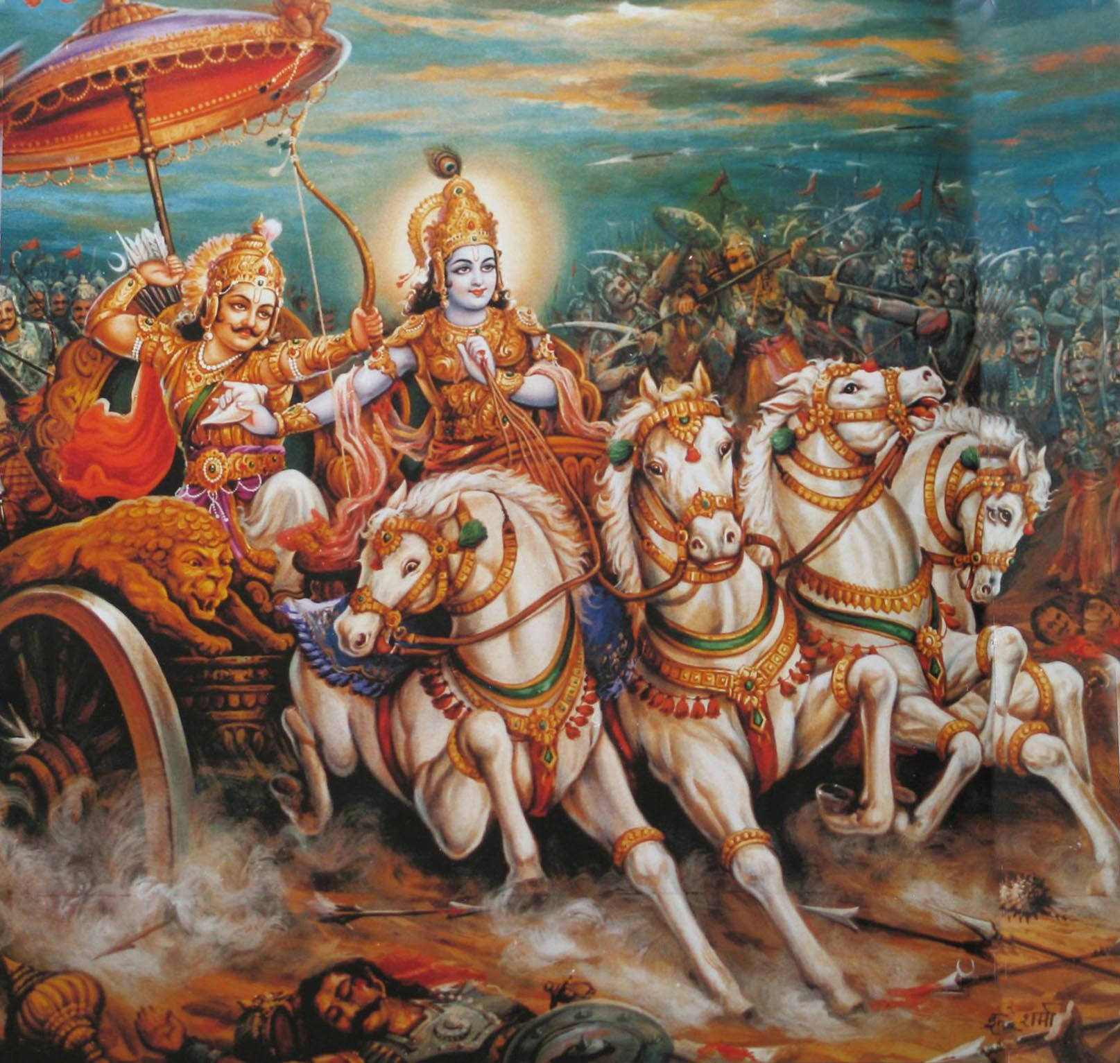 Bhagavad Gita 桌布 壁紙 — 神聖戰士乘坐由白馬拉動的華麗戰車，穿越有倒下的士兵和充滿活力的日落天空的戰場。