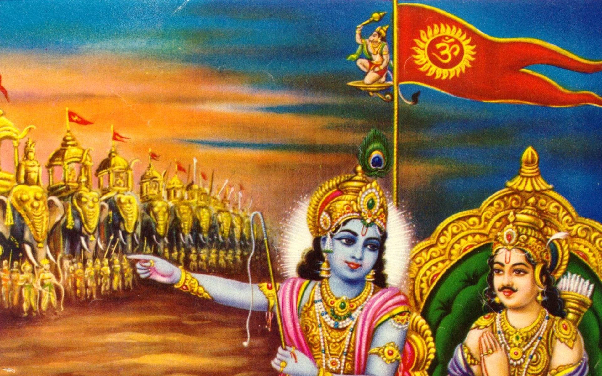 Indian 桌布 壁紙 — 神聖戰士克里希納帶領金色大象軍隊在夕陽天空下，手持閃耀旗幟。