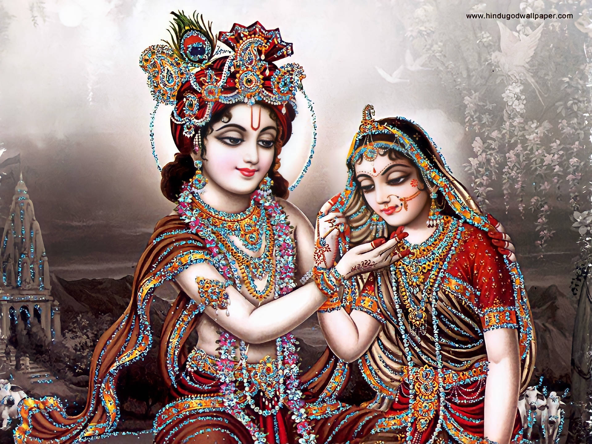radha krishna 3d 桌布 壁紙 — 神聖的人物身穿精緻的珠寶服飾，在神秘的寺廟景觀中分享溫柔的時刻。