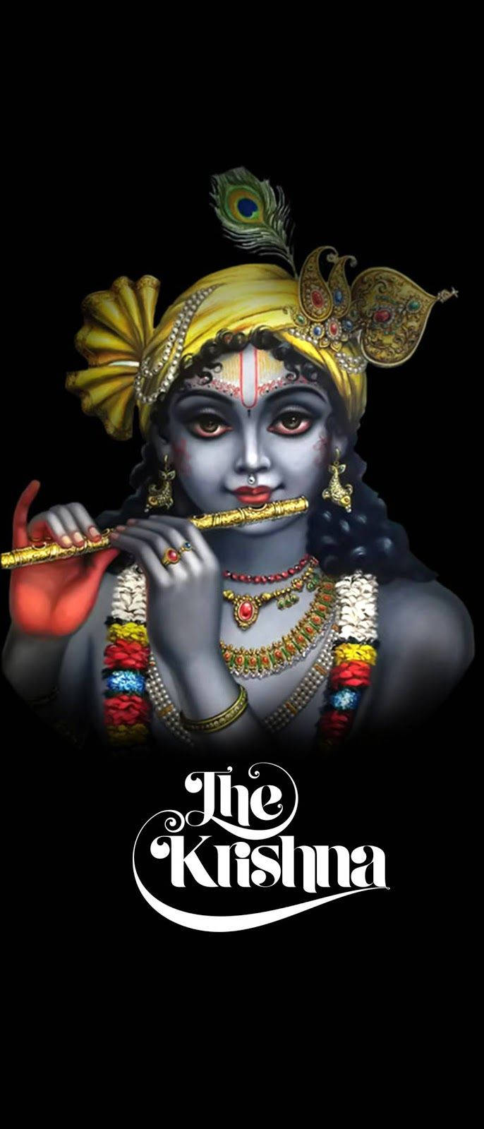 krishna iPhone 桌布 壁紙 — 神聖的克里希納形象，藍色皮膚，吹奏笛子，裝飾有孔雀羽毛和珠寶，背景為黑色。
