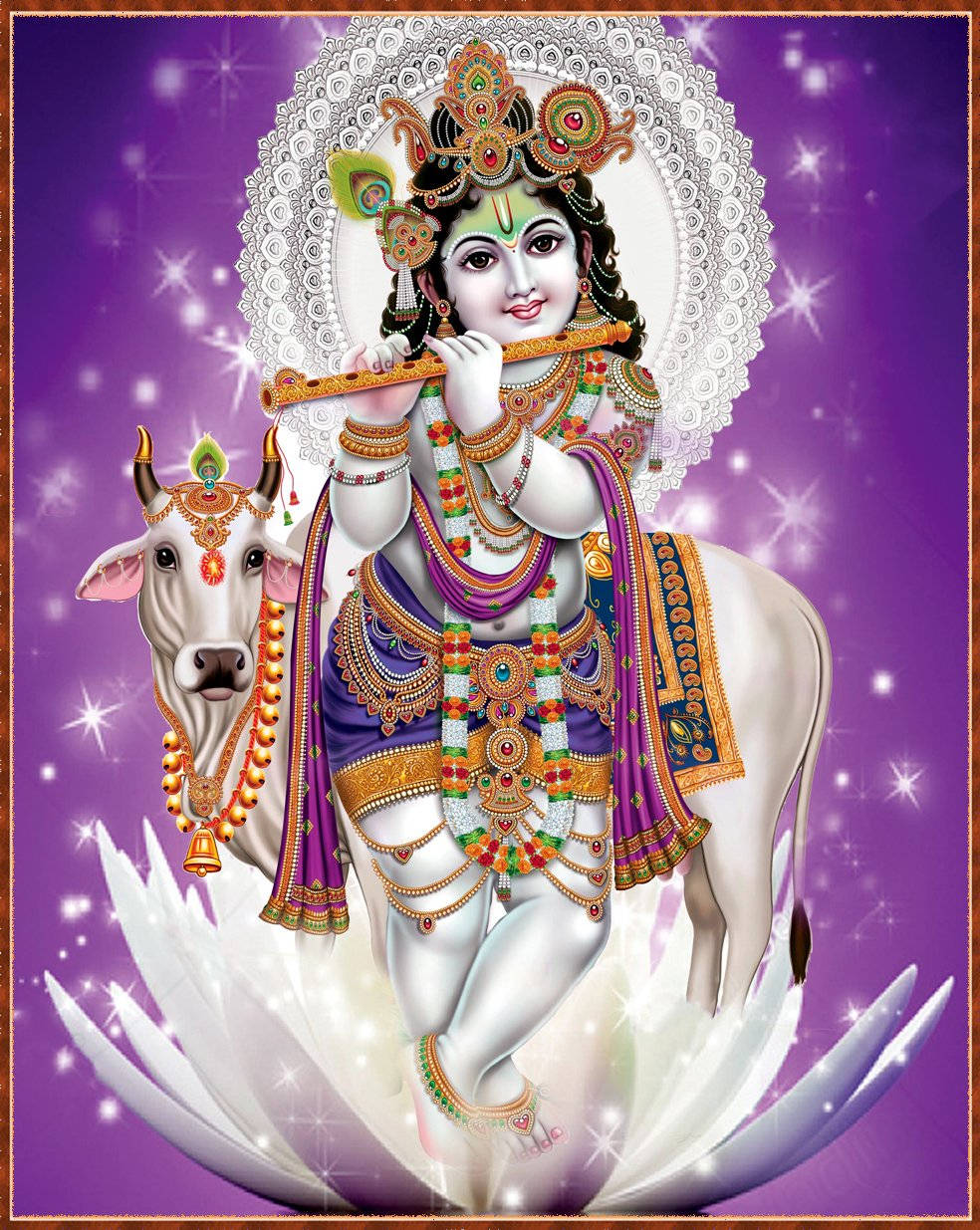 krishna iPhone 桌布 壁紙 — 神聖的克里希納穿著華麗服飾，坐在一頭裝飾華麗的白牛上，白牛立於發光的蓮花之上，背景是閃爍的紫色。