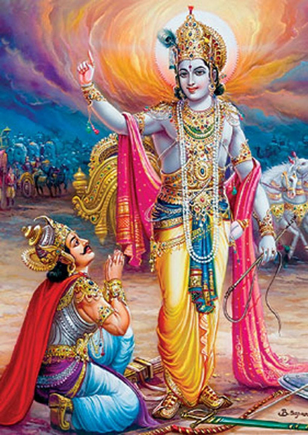 Indian 桌布 壁紙 — 神聖的克里希納頭戴金色皇冠、身著珠寶服飾，在火紅的天空下光芒四射，一位跪著的戰士在他面前祈禱。