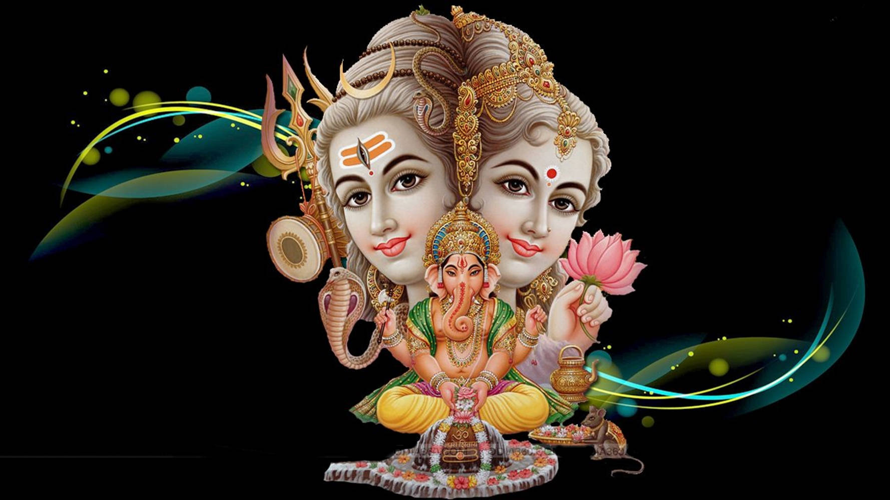 shiva parvathi 桌布 壁紙 — 神聖的印度教三位一體，濕婆、帕爾瓦蒂和象頭神，飾有黃金珠寶和鮮豔服飾，背景為黑色，帶有發光的漩渦。