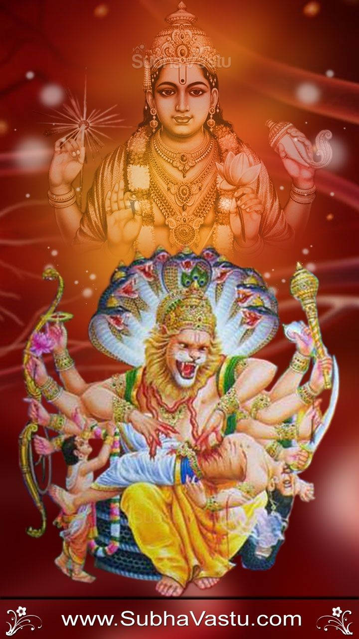 Lord Shiva 桌布 壁紙 — 神聖的印度教女神杜爾迦（Durga）有多隻手臂，騎著一輛獅頭座駕，背景是燦爛的紅色和橙色宇宙背景。