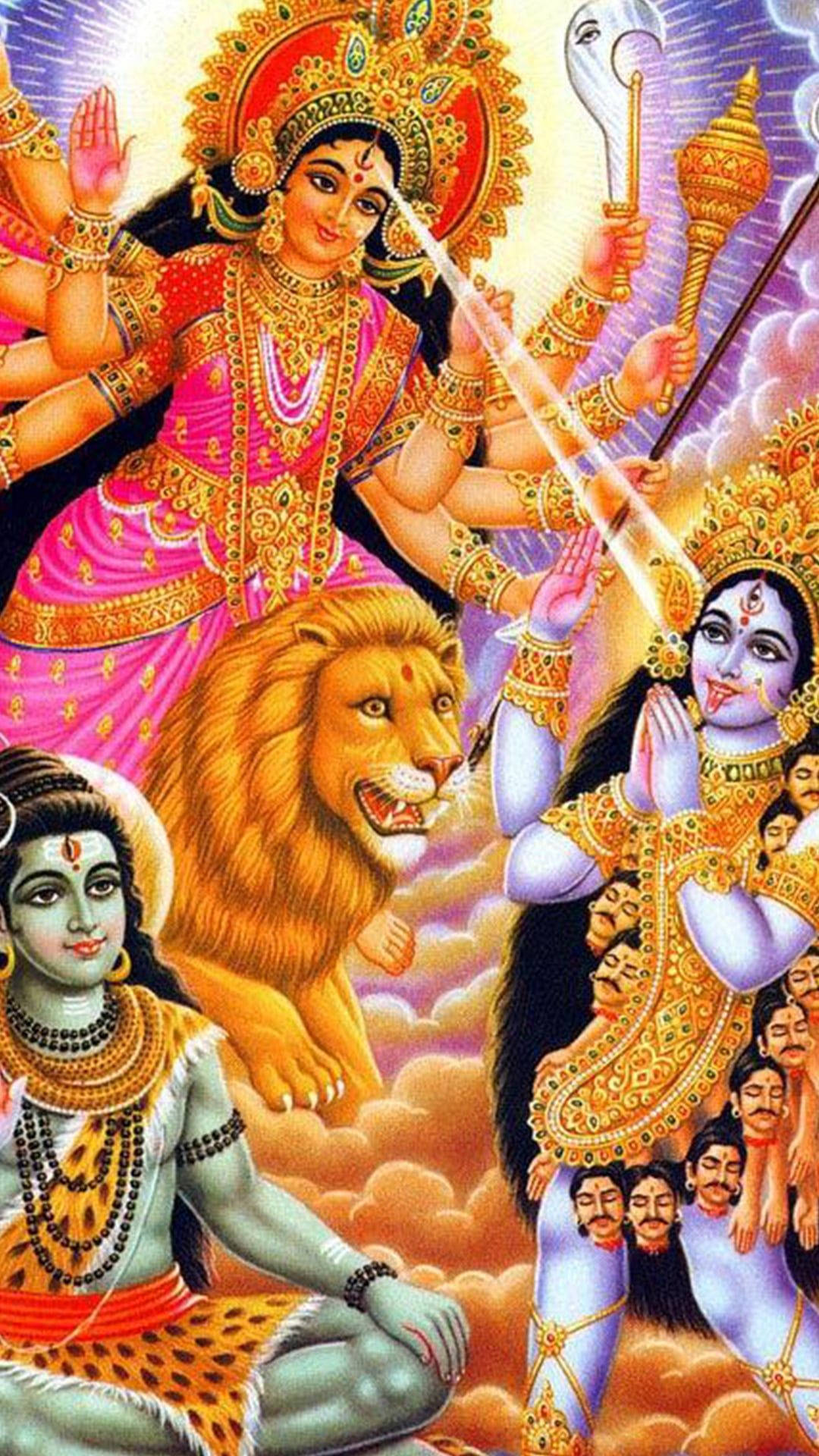 durga mata HD 桌布 壁紙 — 神聖的印度教女神杜爾迦騎著獅子，在天空雲彩和眾神之間揮舞武器。
