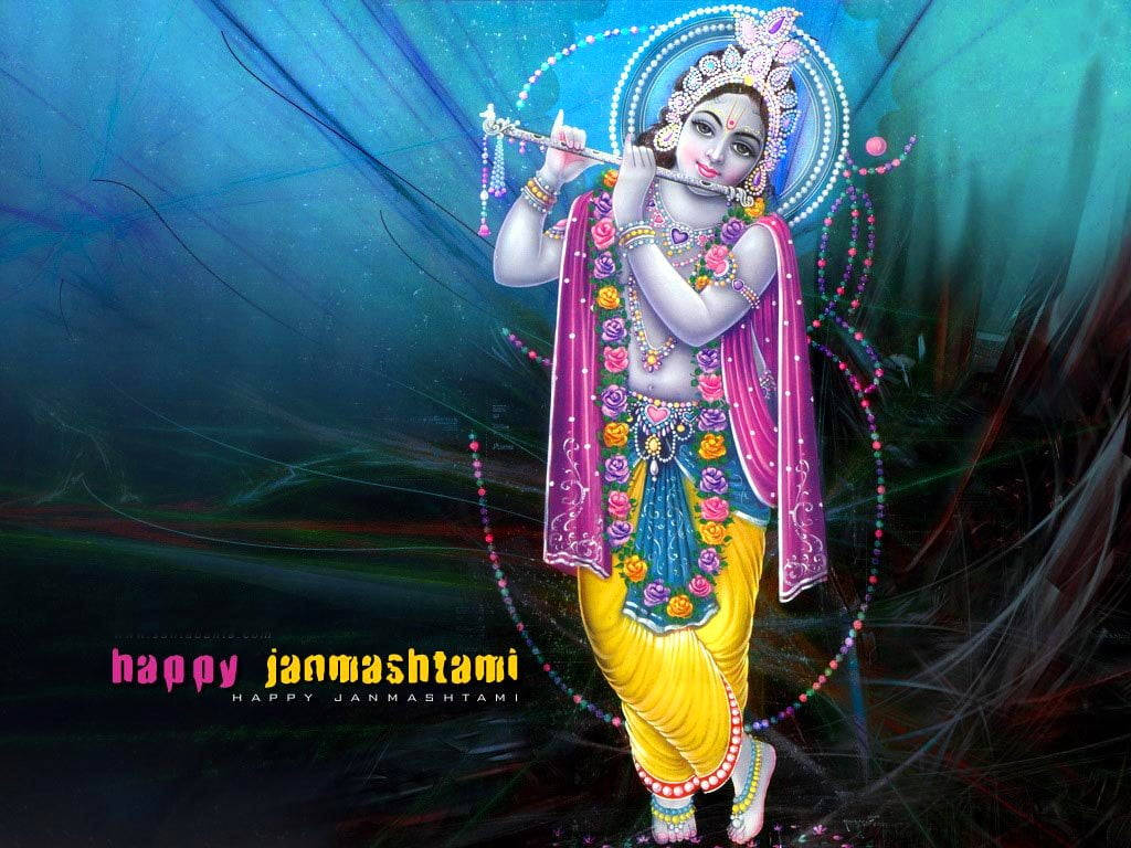 Krishna Janmashtami 桌布 壁紙 — 神聖的印度教神祇克里希納身著鮮豔服飾，在旋轉的宇宙藍色和藍綠色背景前吹奏長笛。