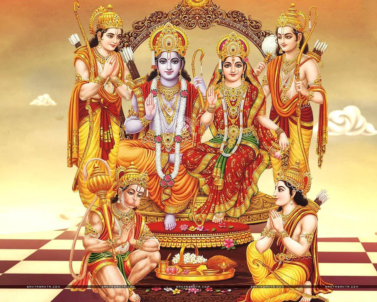 Hindu God 桌布 壁紙 — 神聖的印度教神祇拉達·克里希納及其侍從，佩戴金色珠寶，身著鮮豔的紅黃色服飾，坐在華麗的寶座上，背景是溫暖的日落天空。