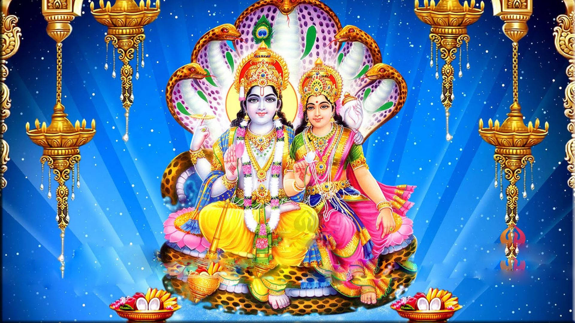 Lakshmi 桌布 壁紙 — 神聖的印度教神祇拉達和克里希納在孔雀羽毛華蓋下威嚴地坐著，背景是點綴著金色燈籠的星空藍天。