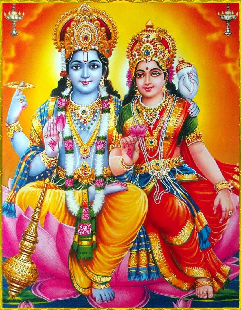 hindu iPhone 桌布 壁紙 — 神聖的印度教神祇拉達和克里希納端莊地坐在粉紅蓮花上，飾有黃金珠寶和鮮豔長袍，背景是燦爛的橙黃色天空。