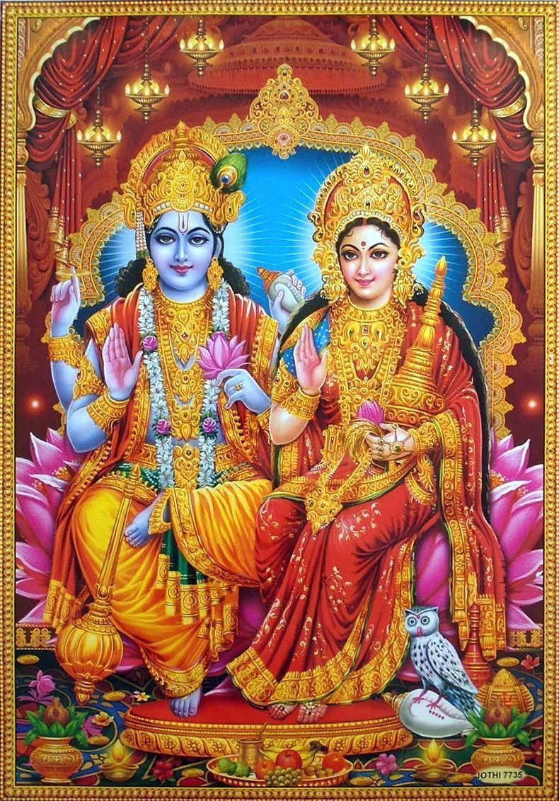 Indian 桌布 壁紙 — 神聖的印度教神祇拉達和克里希納莊嚴地坐在鑲滿寶石的寶座上，飾有金色飾物、粉紅色蓮花和紅色帷幔，頭頂光環閃耀。