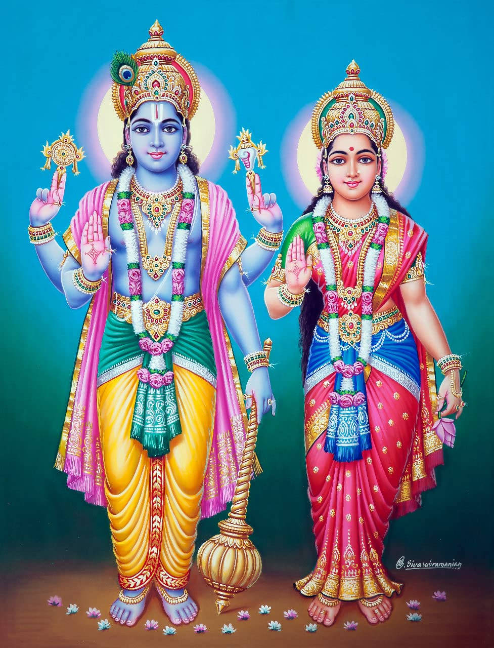 Indian 桌布 壁紙 — 神聖的印度教神祇拉達和克里希納身著鮮豔的傳統服飾，站在燦爛的藍綠色漸變背景前。