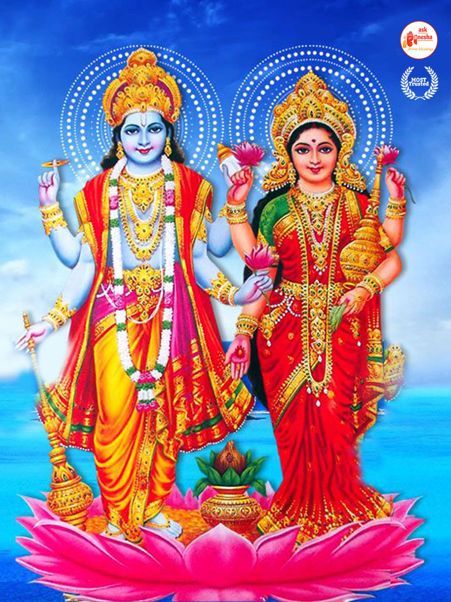 hindu iPhone 桌布 壁紙 — 神聖的印度教神祇毗濕奴和吉祥天女，在鮮豔的藍天背景下，威嚴地站在一朵巨大的粉紅色蓮花上。