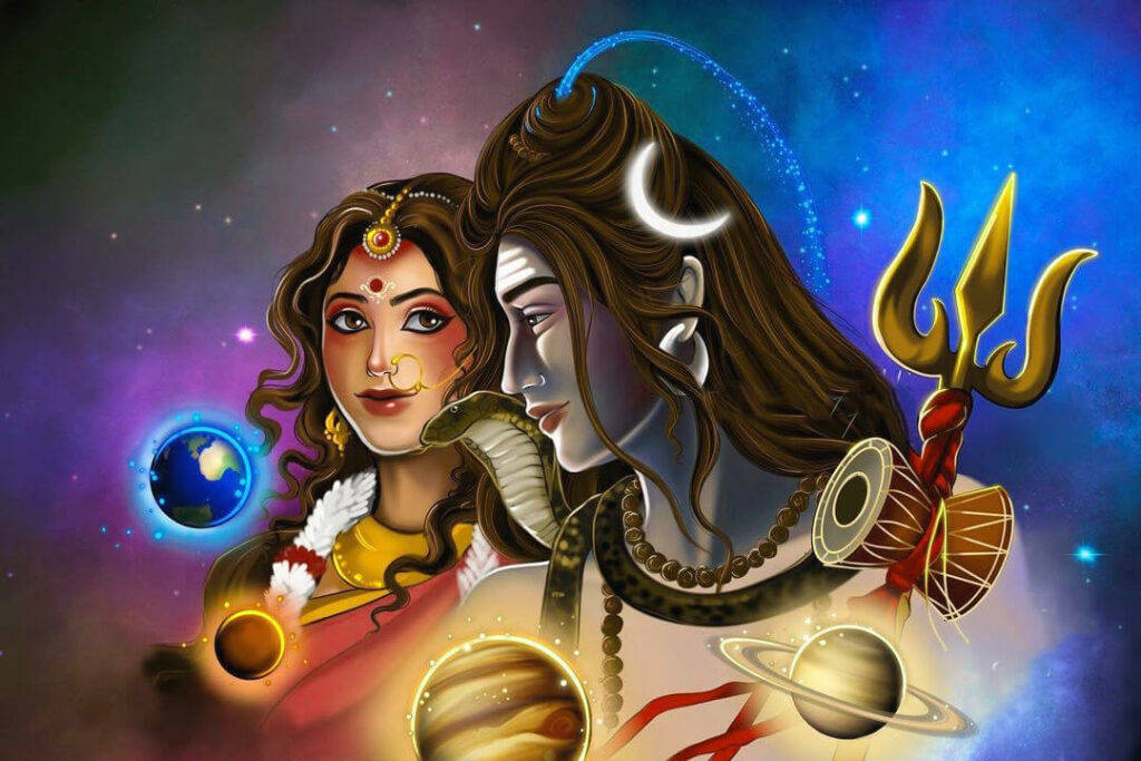 bholenath 3d 桌布 壁紙 — 神聖的印度教神祇濕婆和帕爾瓦蒂在星雲下，在宇宙行星和天體符號中擁抱。