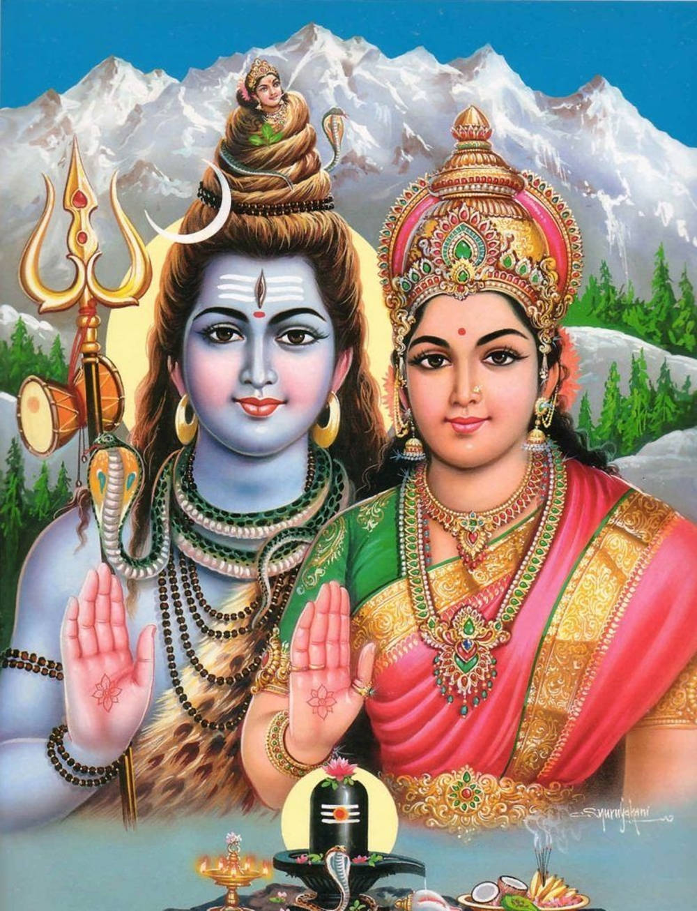 Indian 桌布 壁紙 — 神聖的印度教神祇濕婆和帕爾瓦蒂在雪山背景下寧靜站立，裝飾著鮮豔的珠寶和神聖符號。