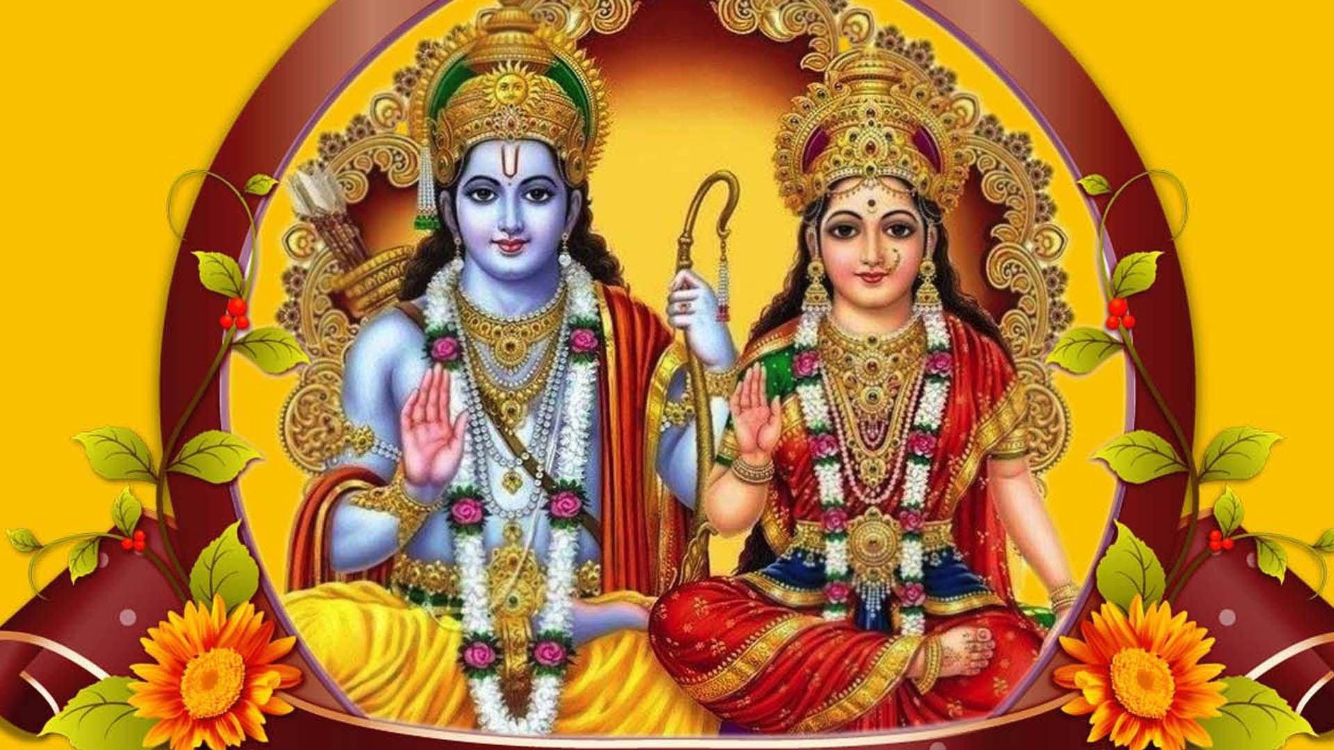 jai shri ram 桌布 壁紙 — 神聖的印度教神祇濕婆和帕爾瓦蒂威嚴地坐在華麗的金色畫框中，飾有鮮花和精緻珠寶，背景是燦爛的黃色。