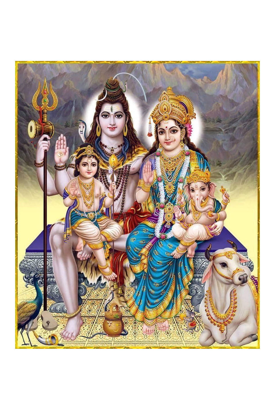 laxmi ganesh saraswati 桌布 壁紙 — 神聖的印度教神祇濕婆和帕爾瓦蒂與孩子們威嚴地坐在群山和聖獸環繞的王座上。