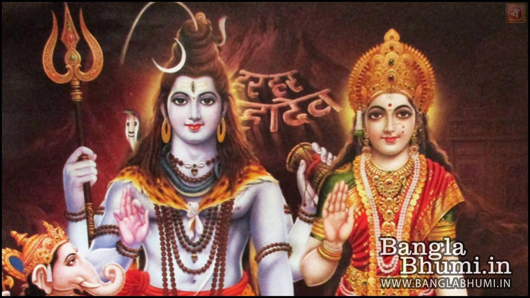 shiva parvathi 桌布 壁紙 — 神聖的印度教神祇濕婆和帕爾瓦蒂身著華麗珠寶和傳統服飾，與新月和三叉戟並肩而立，散發著靈性能量。
