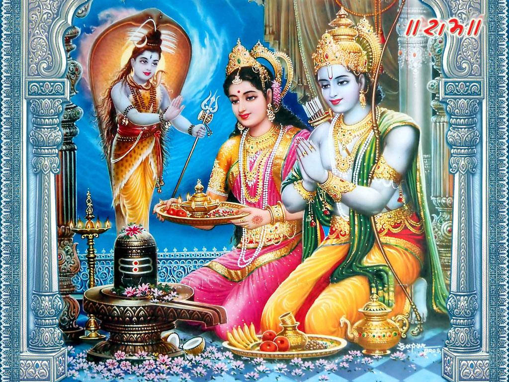 Sita 桌布 壁紙 — 神聖的印度教神祇濕婆帕爾瓦蒂和克里希納身著華麗的金色服飾，在寺廟環境中用供品和神聖符號進行神聖儀式。