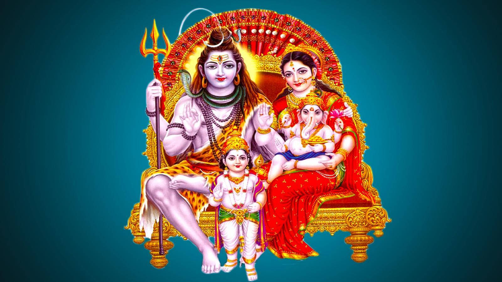 Lord Shiva Family 桌布 壁紙 — 神聖的印度教神祇濕婆帕爾瓦蒂和象頭神坐在金色寶座上，背景為青綠色，裝飾著鮮豔的紅色和金色。