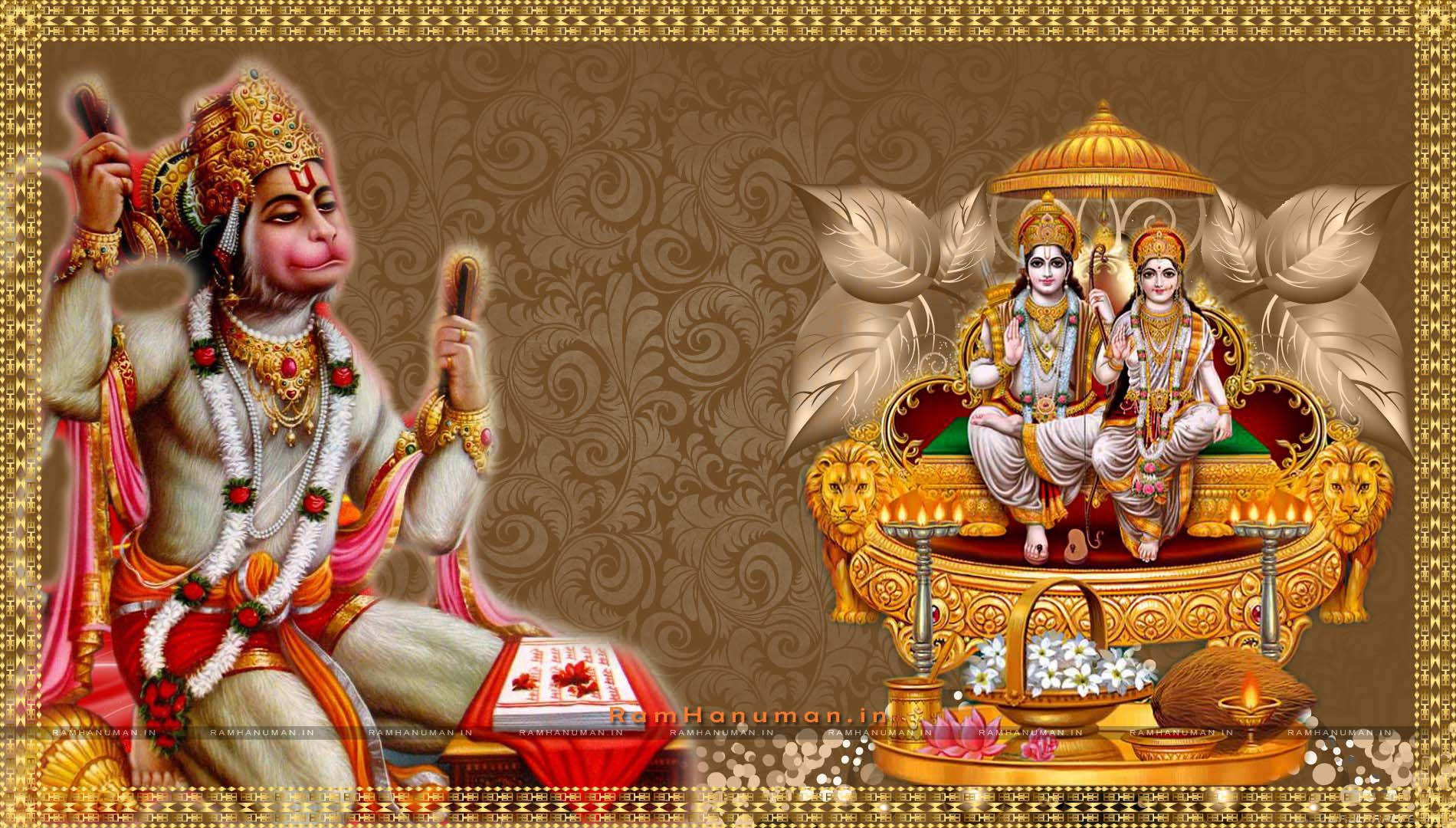 lord hanuman 桌布 壁紙 — 神聖的印度教神祇羅摩、悉多和哈努曼描繪在華麗的金色寶座上，飾有精緻的珠寶和花卉供品，背景為圖案棕色。