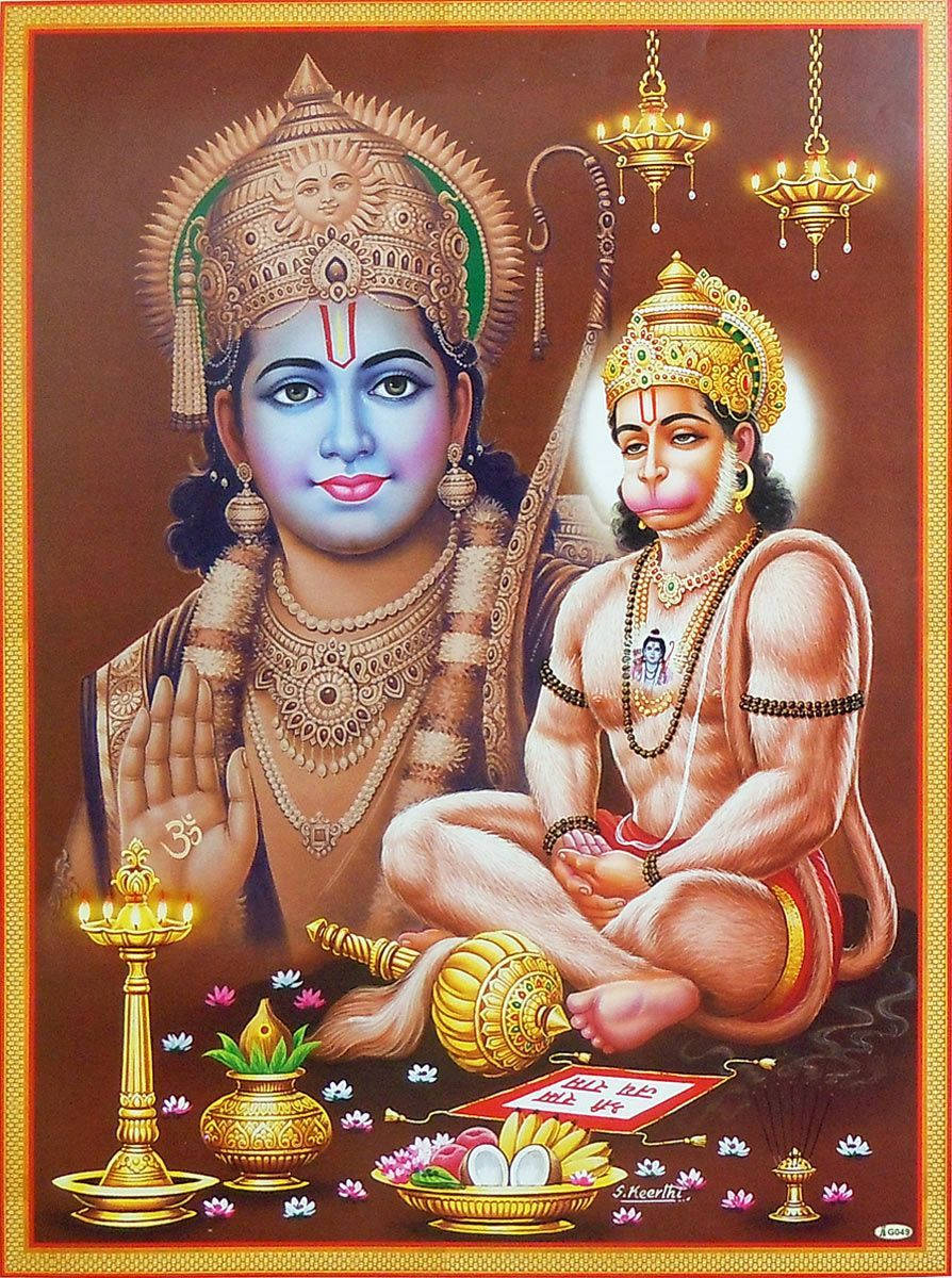 hanuman art 桌布 壁紙 — 神聖的印度教神祇羅摩和哈努曼端坐著，華麗地裝飾著金色王冠和珠寶，周圍是發光的燈和花卉供品。