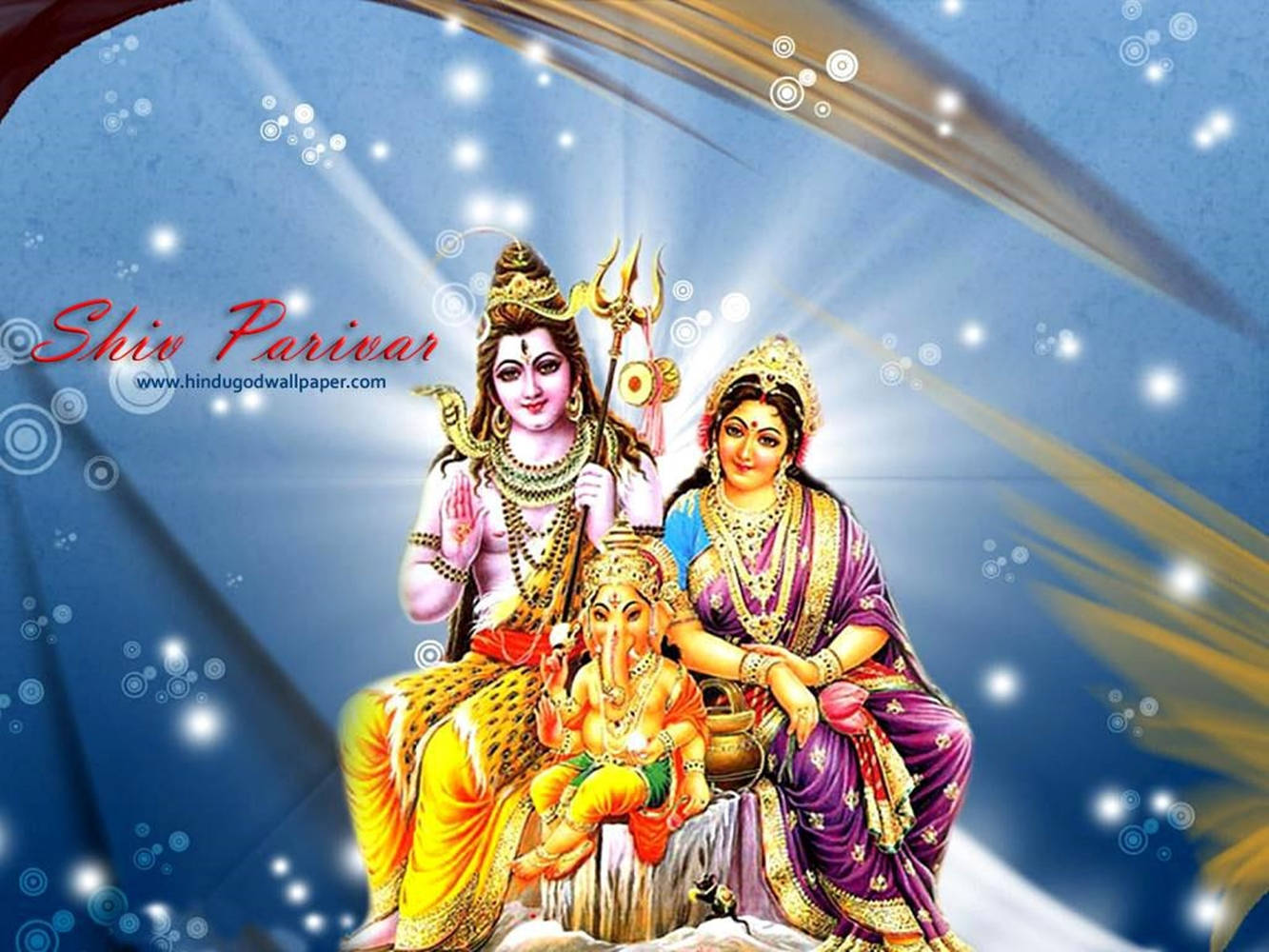 印度教神靈 Shiva Parivar 在宇宙藍色和金色背景下以華麗的神聖服飾描繪。 — 藍色抽象 壁紙