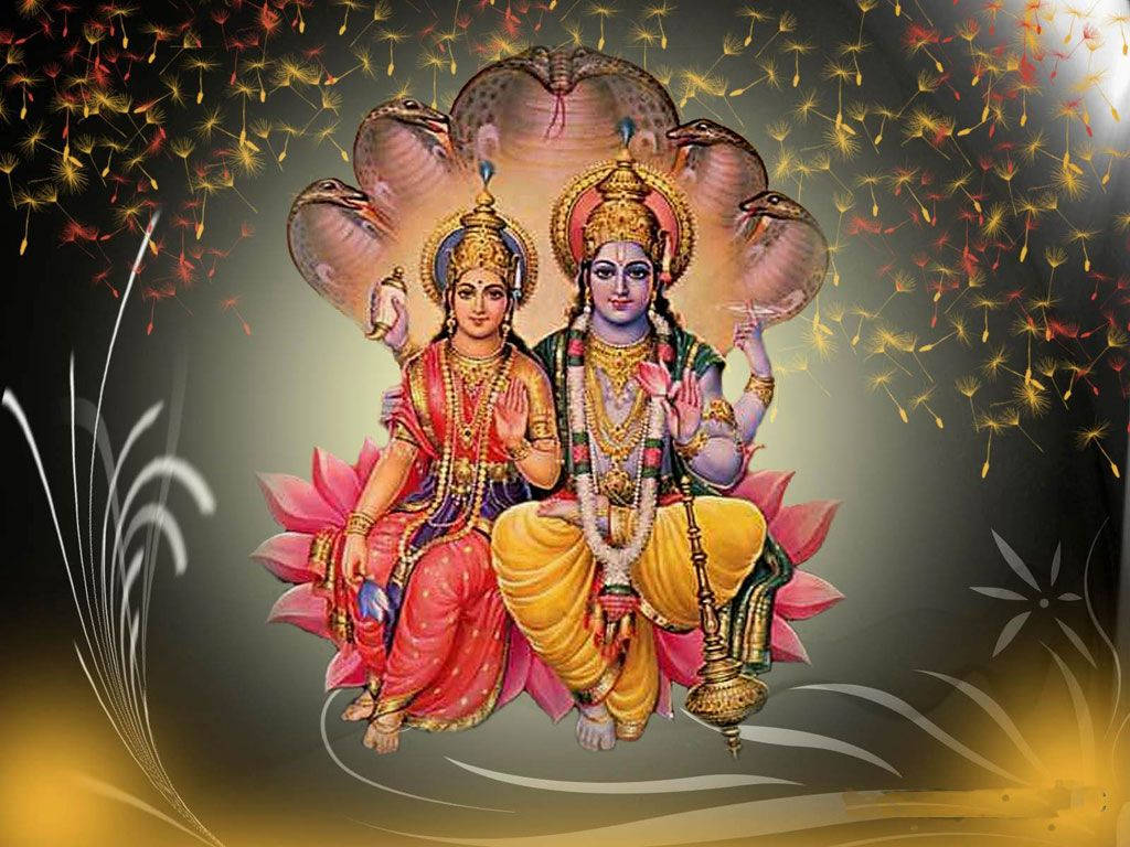 Indian 桌布 壁紙 — 神聖的印度教神靈優雅地坐在粉紅色的蓮花上，上方有一條多頭蛇，周圍是發光的金色火花，背景為深色漸變。