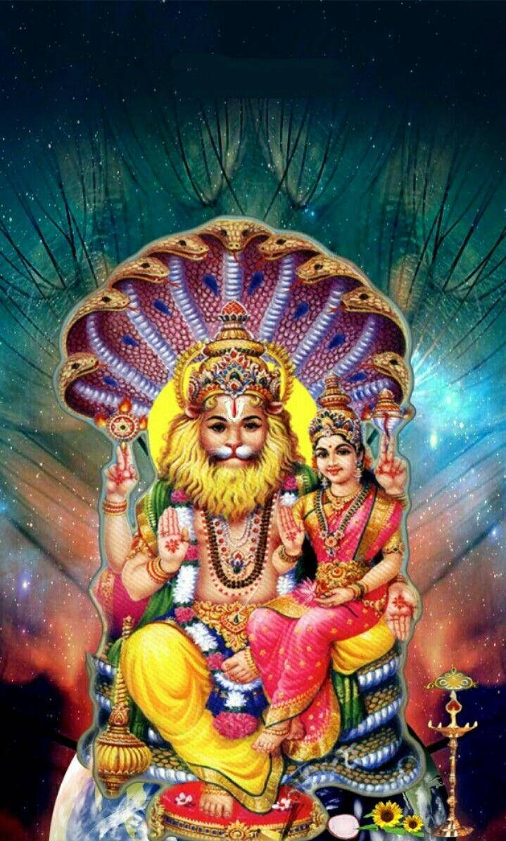 hindu iPhone 桌布 壁紙 — 神聖的印度教神靈在宇宙星空背景下，威嚴地坐在多頭蛇華蓋之下。