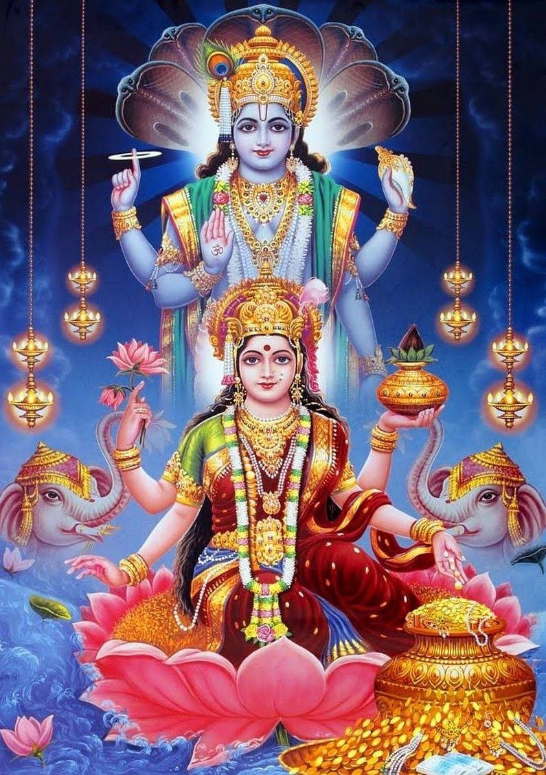 hindu iPhone 桌布 壁紙 — 神聖的印度教神靈坐在蓮花上，大象和懸掛的燈籠映襯著宇宙藍色背景。